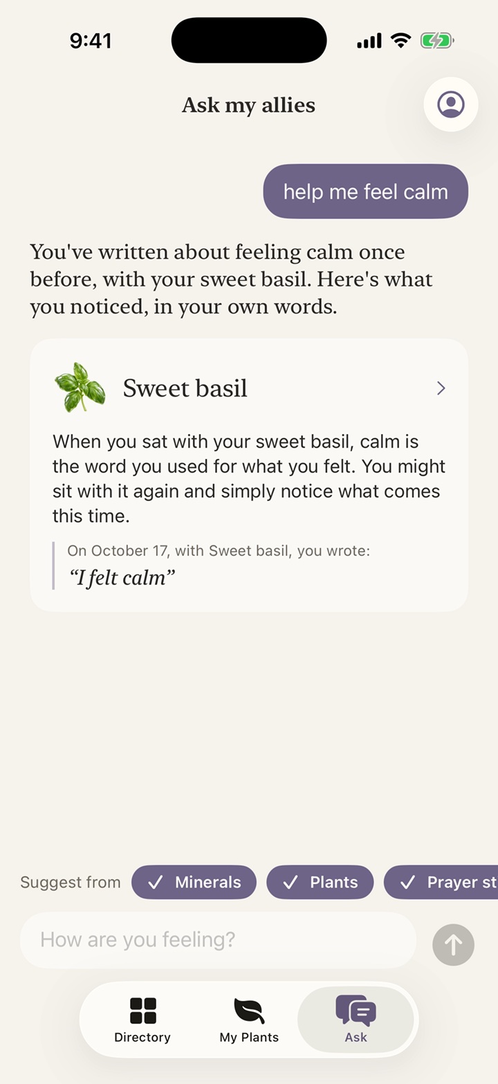 Ask Allies AI screen suggesting Sweet basil with the fictional journal quote I felt calm; the answer is staged using a saved AI response