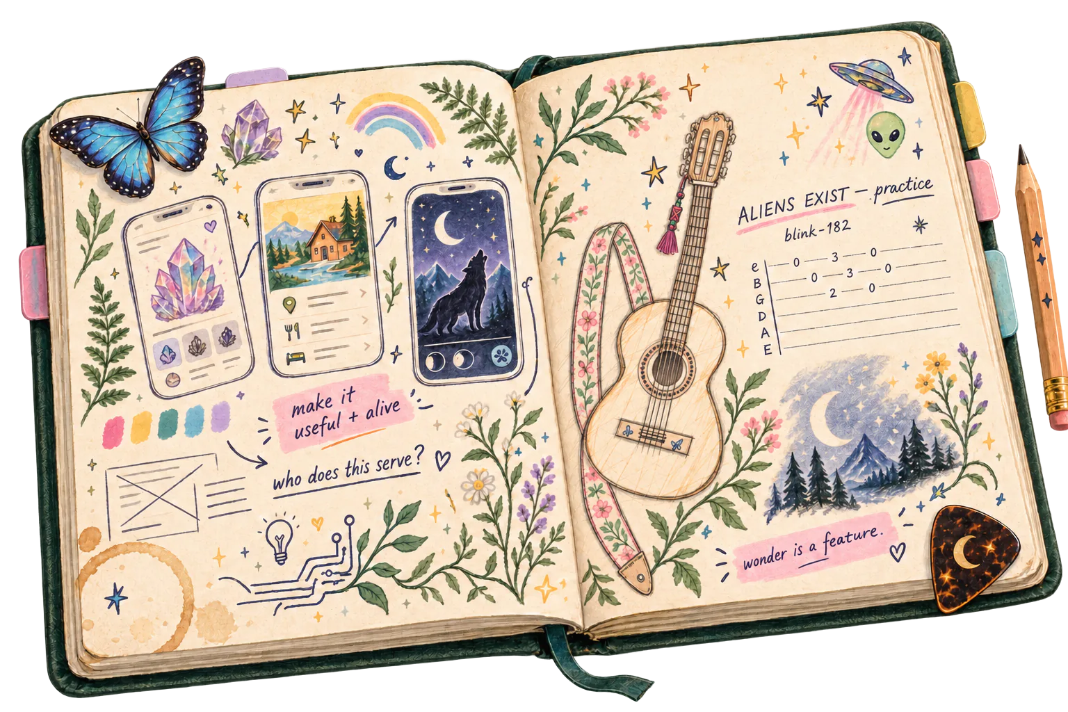 Lizzy’s warm cream-paper open sketchbook filled with app ideas, a hand-drawn acoustic guitar and Aliens Exist practice tab, a butterfly, rainbow, plants, crystals, stars, and thoughtful handwritten notes